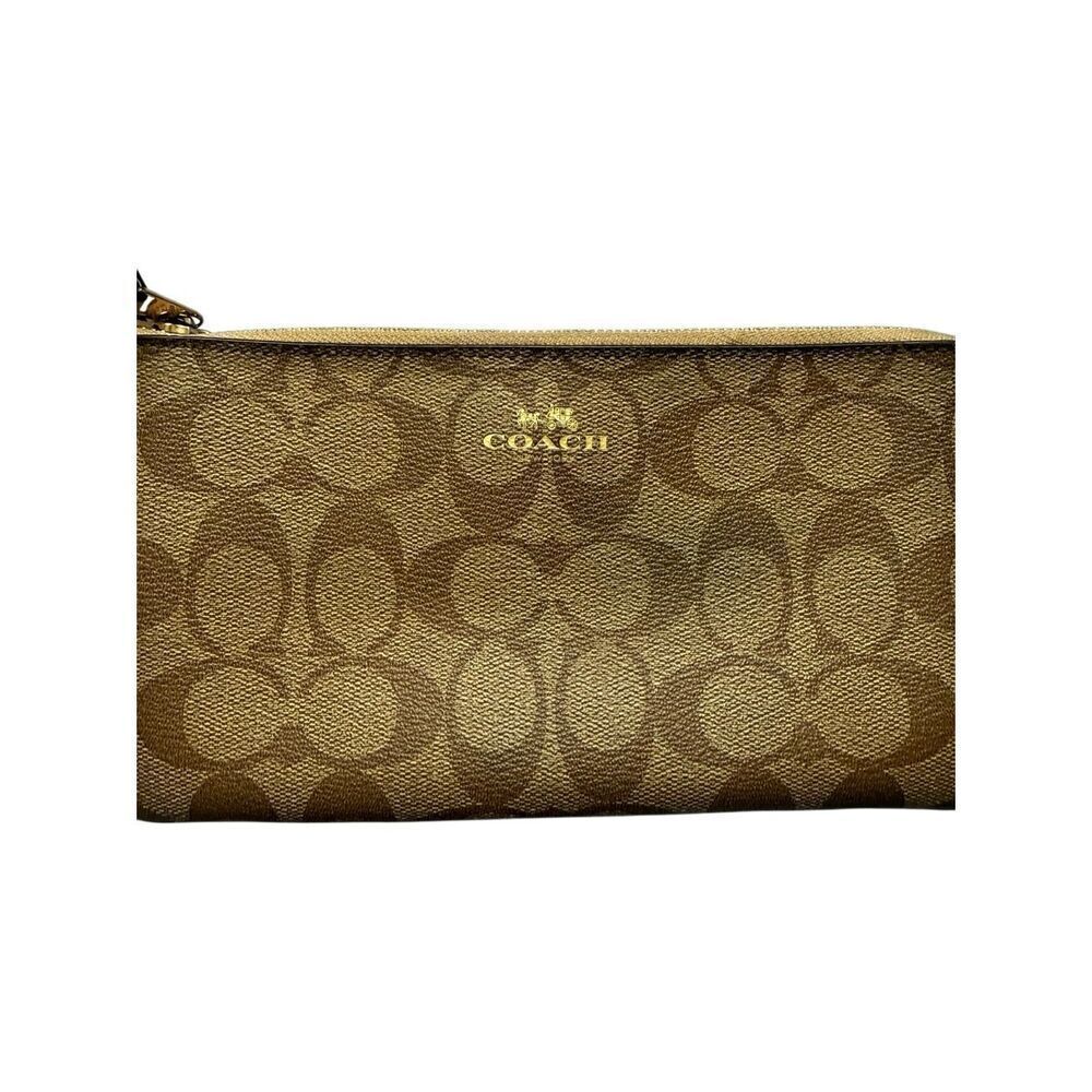 Coach Womens Tan Signature Coated Canvas Double Corner Zip Wristlet OS